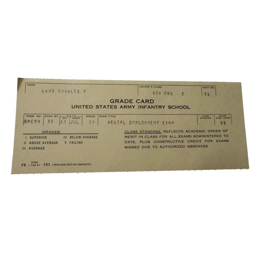 Vintage 1967 US Army Infantry School Grade Card Aerial Employment Exam Ephemera